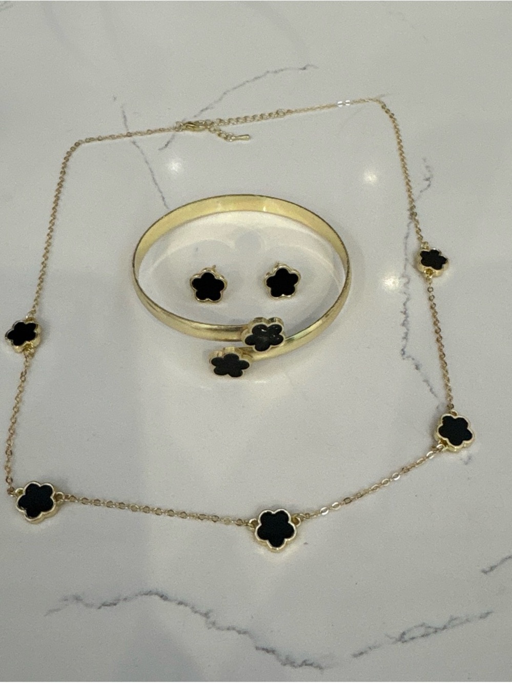 SHEIN Gold-Tone Necklace, Bangle & Black Clover Stud Set
